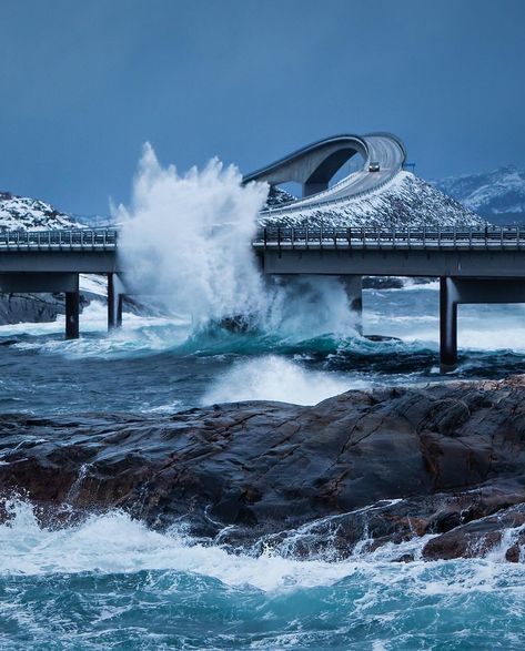 One of many unbelievable bridges in Norway - Storseisundet Bridge. 🌊 Photo by @thomaseckhoff Explore. Share. Inspir Atlantic Road Norway, Dangerous Roads, Huge Waves, Norway Travel, A Bridge, Atlantic Ocean, Scandinavia, Cruises, The Ocean