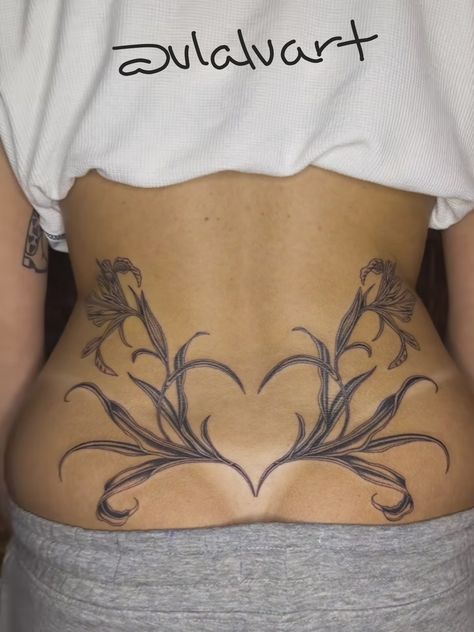 Symetric Tattoo Hips, Neo Traditional Back Tattoo Women, Symmetrical Lower Back Tattoo, Traditional Lower Back Tattoo, Bottom Back Tattoo, Lower Back Flower Tattoo, Female Sternum Tattoo, Floral Stomach Tattoo, Symmetrical Tattoo Design