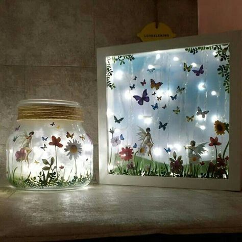 Fairy Lights Diy, Pillows Ideas, Rustic Throw Pillows, Fairy Garden Birthday Party, Box Frame Art, Fairy Box, Diy Shadow Box, Fairy Lanterns, Curtains Ideas