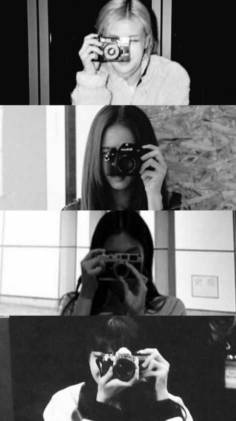 Blackpink With Camera, Blackpink Black, Rosé Blackpink Aesthetic, Blink Book, Rosé Aesthetic, Black Hair Kpop, Blackpink Poster, Blackpink Members, Black And White Wallpaper