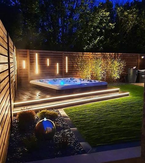 Garden Ideas for Hot Tubs and Swim Spas Small Garden With Hot Tub, Backyard Hot Tub Patio Ideas, Small Garden Hot Tub, Jacuzzi Landscaping Ideas, Garden Design With Hot Tub, Garden With Hot Tub Ideas, Hot Tub Backyard Ideas Spa Design, Backyard Landscaping With Jacuzzi, Garden Hot Tub Ideas