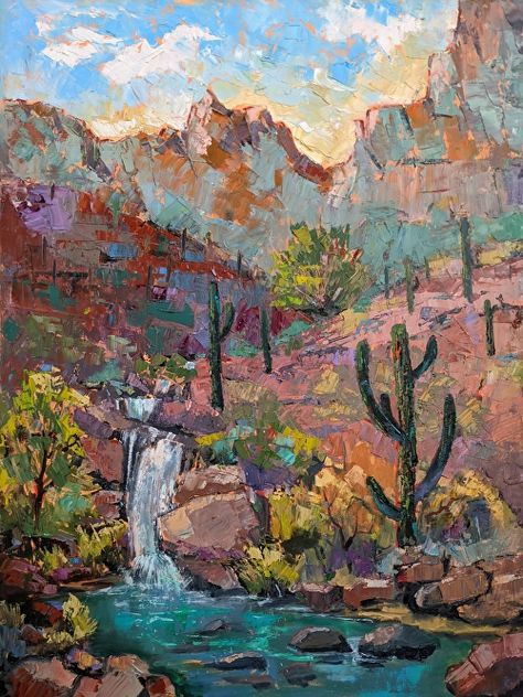 Night Desert Art, Desert Volcano, Bible Pic, Streams In The Desert, Desert Landscape Painting, Rivers In The Desert, Water Ideas, Expressionist Landscape, Waterfall Paintings