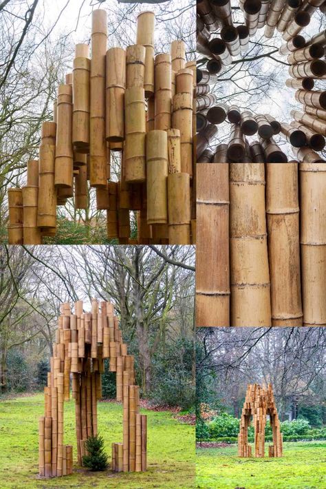 oomkapel (translated tree chapel) is a work of art made of bamboo for the outdoor exhibition An ode to nature. The tree chapel is inspired by a field chapel and the architecture of the Onze Lieve Vrouw ter Nood sanctuary in Heiloo. A chapel is a place of worship and often contains a statue or painting. In the tree chapel, the tree is central and there is room for reflection and contemplation. #architecture #architect #amazingarchitecture #design #interiordesign #interiordesigner #decor Contemplation Architecture, Bamboo Exhibition Design, Bamboo Structure Design, Bamboo Exhibition, Installation Exhibition, Bamboo Concept Architecture, Outdoor Exhibition, Installation Architecture, Bamboo Sculpture Art Installations