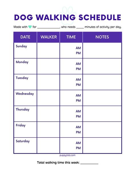 Free PDF to keep track of dog walks each week #dogmom #dogcare #dogdad #dogsarefamily Dog Feeding And Walking Schedule, Dog Walking Schedule, Walking Schedule, Pet Sitting Forms, Be More Organized, Dog Walking Business, Printable Dog, Tracker Free, Dog Room