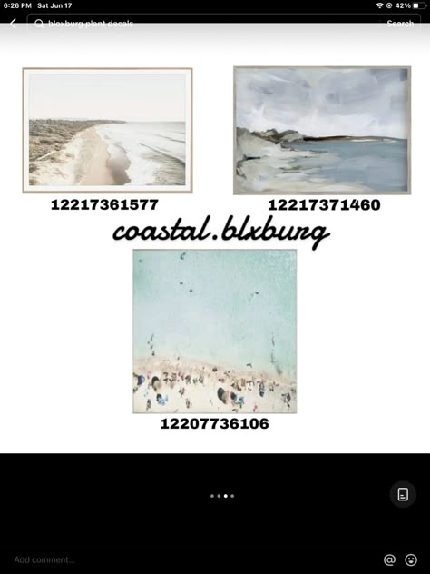 Bloxburg Beach Photo Codes, Bloxburg Beach House Picture Codes, Costal Paintings Bloxburg, Bloxburg Coastal Entrance, Bloxburg Painting Codes Coastal, Costal Wallpapers Bloxburg, Bloxburg Beach Picture Codes, Bloxburg Landscape Decals, Beachy Bloxburg Decals Codes