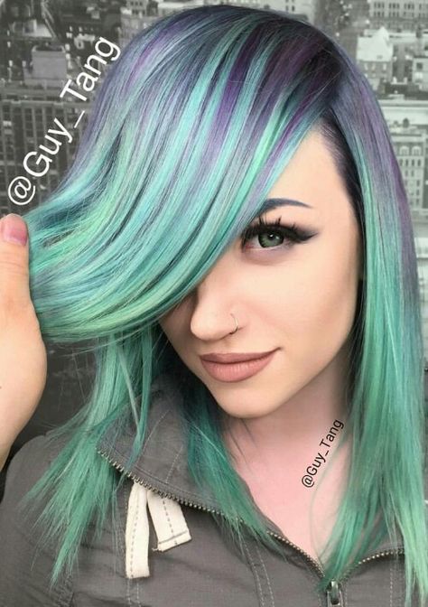 Purple green pastel dyed hair color Hair Dye Ideas Light, Dyed Hair Pastel, Hair Dye Ideas, Nails Purple, Multi Colored Hair, Boring Hair, Wedding Nail, Pastel Hair, Light Aqua