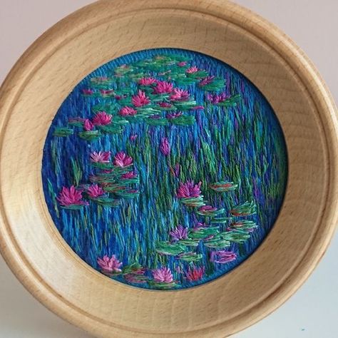 Monet Embroidery, Framed Embroidery Wall Art, Bubble Embroidery, Watercolour Embroidery, Water Embroidery, Embroidery Hoop Art Tutorial, Embroidery Water, Embroidery Paintings, Embroidery Stitches Flowers