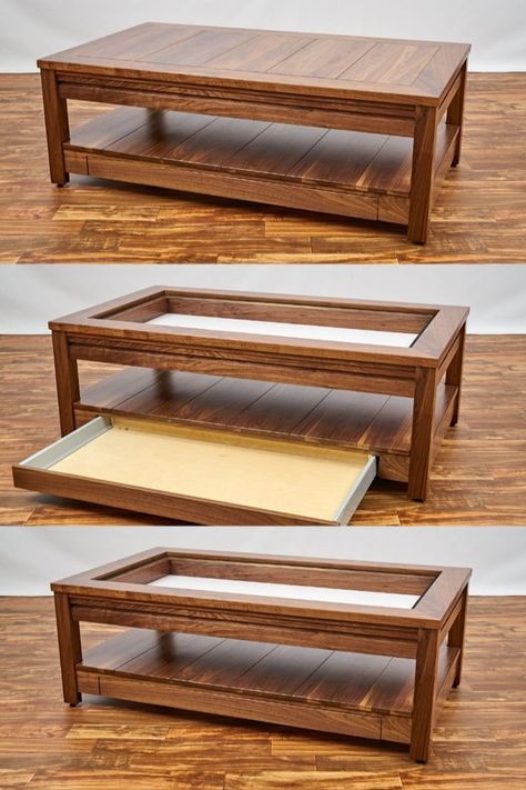 A custom hand-crafted gaming coffee table with sliding storeage shelf and easy to access gaming vault. Create your own gaming table design today at https://www.uniquely-geek.com/custom-gaming-tables/ Game Coffee Table Diy, Coffee Table For Puzzles, Video Game Coffee Table, Coffee Tables For Board Games, Multipurpose Game Table, Coffee Table Game Table, Board Game Coffee Table, Puzzle Table Plans, Gaming Table Design