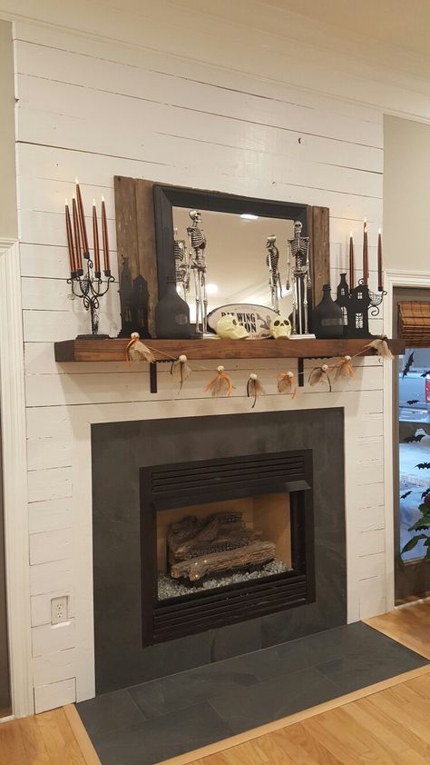 Black Slate and Shiplap Fireplace Black Tile Fireplace Hearth, Fireplace Juts Out, Slate Around Fireplace, Slate Fireplace Surround Farmhouse, Fireplace With Slate Surround, Fireplace Hearthstone Ideas, Black Slate Fireplace Surround, Slate Hearth Fireplace, Black Shiplap Fireplace With Hearth