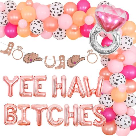 Yeehaw Bitches Balloon Garland Arch Kit Rose Gold, Cowgirl Garland for Nashville Bridal Shower Supplies. Include 1pc yeehaw bitches foil balloon 16 inches, 55pcs latex balloons 12 inches, 10pcs latex balloons 5 inches, 1pc western cowgirl garland, 1pc diamond ring foil balloon 25.59*23.82 inches, 1pc balloon tape strip and 1 roll of adhesive dots. Value package for western cowgirl hen party decorations. Cowgirl Themed Bachelorette Party Decor, Cowgirl Themed Hens, Wild West Hens Party, Hen Party Cowgirl Theme, Country And Western Hen Party, Cowgirl Hens Party, Cowgirl Hens, Hens Ideas, Hen Party Decorations