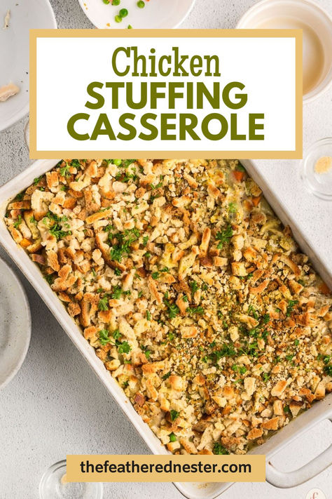 Looking for the comforting, hearty dish that’s quick, easy to whip up and guaranteed to please? Then look no further! This chicken stuffing casserole bake recipe is the perfect weeknight dinner solution. With savory Stove Top stuffing and shredded chicken, combined with a creamy mushroom sauce, everyone will want seconds of this chicken and dressing casserole. Canned Chicken Stuffing Casserole, Chicken And Stove Top Dressing, Stove Top Dressing Casserole, Chicken Stuffing Balls, Chicken Pot Pie With Stove Top Stuffing, Chicken And Dressing Casserole Stove Top, Easy Stuffing Casserole, Oven Chicken And Stuffing, Baked Chicken And Dressing