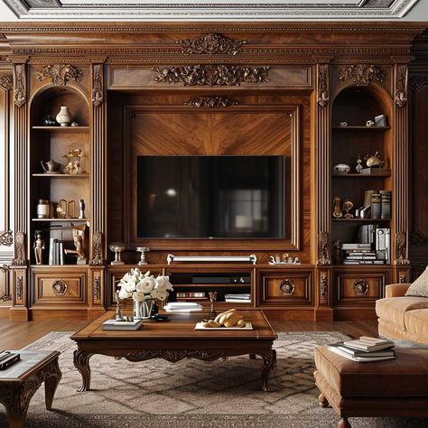 15+ Stunning Wall Unit Designs Perfect for Any Living Room • 333+ Images • [ArtFacade] Classic Tv Room Design, Classical Tv Wall, Wine Basement, Lcd Design, Tv Wall Design Luxury, Wall Entertainment Center, House Front Door Design, Wall Unit Designs, Rococo Furniture