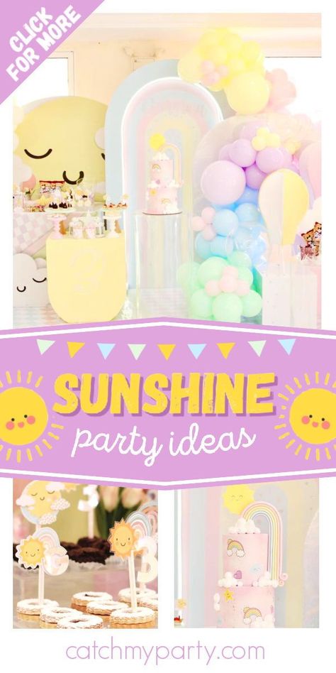 Four Cast Is Bright And Sunny Party, Sunshine And Rainbows Birthday Theme, Sunshine And Rainbows Birthday, Sunshine Theme Birthday Party, Sunshine Birthday Party, Sunshine Birthday Theme, Rainbow Unicorn Birthday Party, Sunshine First Birthday, Sunshine Birthday Parties