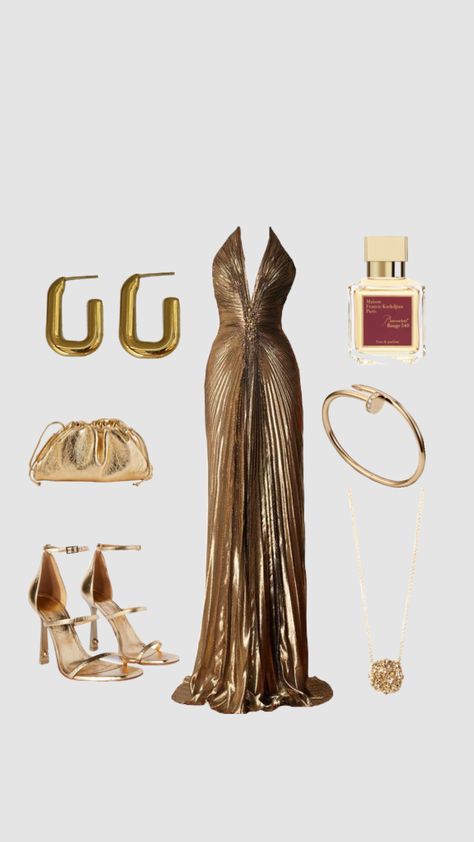 Gold Night Dress, Night Dress Outfit, Gold Night, Fancy Fits, Gold Outfit, Outfits Polyvore, Outfit Dress, Party Outfits, Glam Dresses