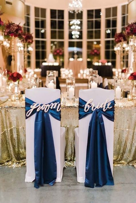 navy blue and gold bride and groom wedding chair ideas Bride Groom Chairs, Navy Inspiration, Wedding Sign Decor, Gold Wedding Theme, Blue Themed Wedding, Wedding Color Inspiration, Navy Blue Wedding, Fall Wedding Colors, Houston Wedding