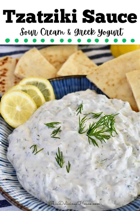 Tzatziki Sauce with sour cream and Greek yogurt is a creamy and delicious dip made with simple ingredients. This creamy tzatziki sauce is extra smooth and is perfect for dipping pita chips or fresh veggies. Tzatziki Sauce Recipe Greek Yogurt, Authentic Tzatziki Sauce Recipe, Sauce With Sour Cream, Tzatziki Sauce Recipe, Creamed Cucumbers, Caramelized Onion Dip, Homemade Tzatziki, Tzatziki Sauce, Pita Chips