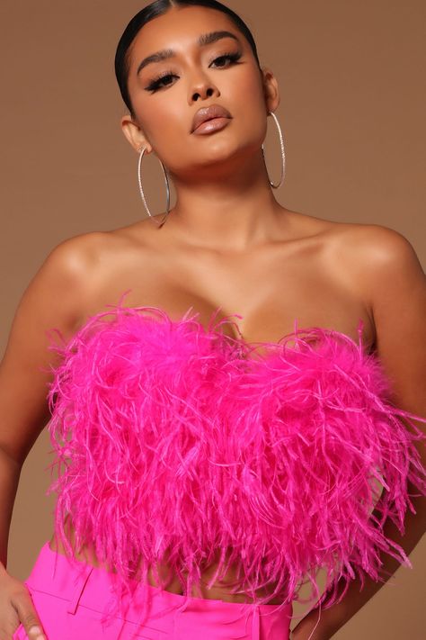 Hot Pink Birthday Outfit, Pink Tube Top Outfit, 19th Photoshoot, Feather Embellishment, Hot Pink Birthday, Hot Pink Outfit, Tube Top Outfits, Pink Tube Top, Hot Pink Fashion