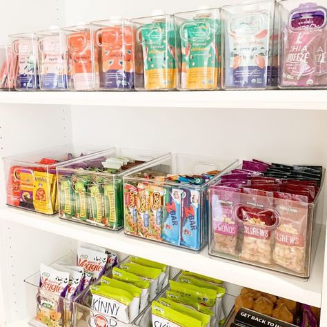 Snack Storage Bins, Cute Candy Containers, Small Snack Cabinet Organization, Snacks Organization Pantry, Snack Containers For Pantry, Pantry Candy Storage, Snacks Storage Ideas, Snack Bar Organization, Organize Snacks In Pantry