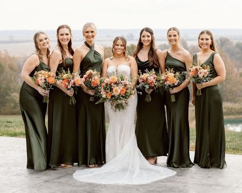 Flowers For Dark Green Dress, Olive Green Mismatched Bridesmaid Dress, Italian Wedding Bridesmaids Dresses, Dark Green Bridesmaid Dresses Fall, Dark Green Bridesmaid Dresses, Mexican Western, Dark Green Bridesmaid, Emerald Wedding Colors, Front Table