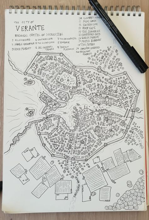 Dnd pen and paper city map. (drawn on train journey so slightly wobbly) Drawing Fantasy City Maps, How To Draw A City Map, Fantasy City Map Drawing, City Fantasy Map, Dnd Map Making, Dnd City Map, Drawing Maps, City Map Drawing, Map Sketch