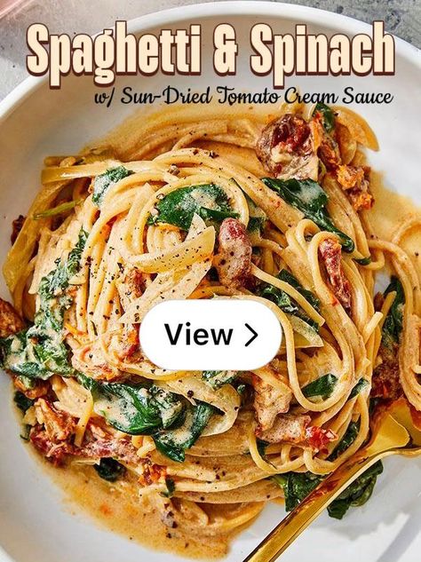 Lemon8 · Spaghetti & Spinach w/Sun-Dried Tomato Cream Sauce · @MidwestBoyMama Sundried Tomato Cream Sauce, Sun Dried Tomato Cream Sauce, Spaghetti Spinach, Tomato Pesto Sauce, Cream Spaghetti, Pesto Sauce Recipe, Spaghetti With Spinach, Gf Dinner, Sundried Tomato Pesto