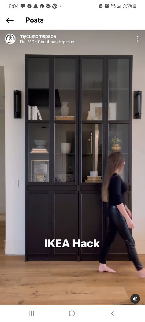 Black Ikea Bookcase, Ikea Billy Hallway, Brimes Ikea Built In, Black China Cabinet Dining Room, Ikea Billy Bookcase Black, Ikea Black Cabinets, Ikea China Cabinet Hack, Brimes Ikea Cabinet, Black Billy Bookcase