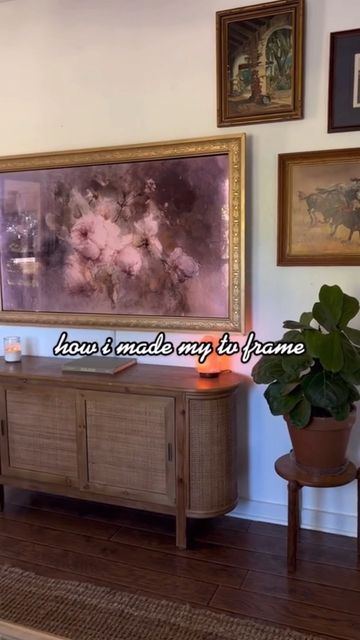 Styling A Mounted Tv, Samsung Frame Tv With Gold Frame, Picture Frame Molding Living Room Tv, Tv Painting Ideas, Samsung Frame Tv Diy, Tv Painting Frame, Samsung Frame Tv Ideas, Diy Samsung Frame Bezel, Diy Frame For Samsung Frame Tv