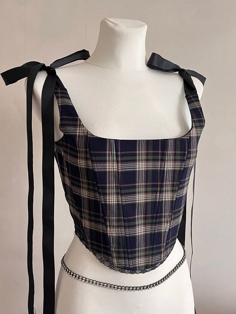 Plaid Corset Top, Flannel Corset, Corset Top Design, Plastic Corset, Black Corset Top Outfit, Corset Cottagecore, Cottagecore Corset, Fairy Corset, Plaid Corset