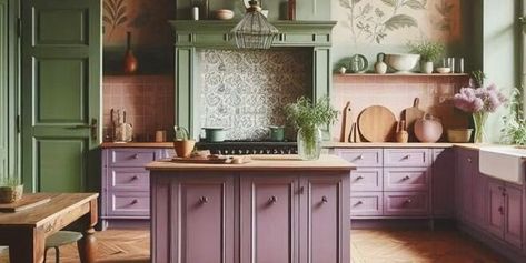 Indulgent Lavender and Green Kitchen: Creating a Serene Cooking Oasis When it comes to creating a re Green And Purple Kitchen, Lavendar Kitchen, Lilac Kitchen, Kitchen Purple, Lavender Kitchen, Practical Magic House, Purple Kitchen, Magic House, Green Kitchen Cabinets