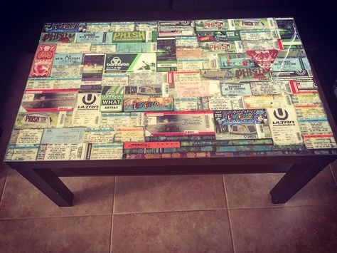 how to create a permanent collage on furniture, DIY tutorial Concert Ticket Display, Ticket Display, Bar Deco, Ikea Coffee Table, Coffee Table Pictures, Coffee Table Mat, Zimmer Diy, Craft Table Diy, Ticket Stubs