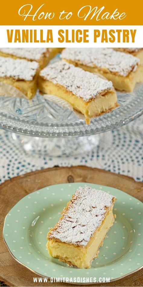 Decadent vanilla custard slice dessert you won’t be able to resist! Vanilla Custard Squares, Custard Slices With Puff Pastry, Vanilla Custard Bars With Puff Pastry, Vanilla Slice Recipe Easy, Vanilla Cream Pie, Vanilla Cream Cake, Vanilla Custard Slice, Slice Dessert, Vanilla Pie