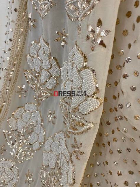 Hand Work Design, Pearl Work, Ivory Colour, Zardozi Embroidery, Lehnga Dress, Hand Beaded Embroidery, Bridal Applique, Pearl Embroidery, Georgette Dupatta