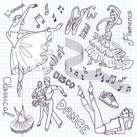 Dance Doodles Easy, Dance Journal Pages, Dance Doodle Art, Dance Doodles Simple, Prom Doodles, Dance Scrapbook Ideas, Dance Sketches Easy, Drawings Of Dancers, Dance Doodle