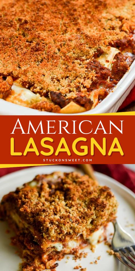 American lasagna is an incredibly dish made with layers of meat tomato sauce, cottage cheese and mozzarella cheese. No noil noodles are used to simplify and cut down on time. The result is a delicious, comforting and filling meal to be enjoyed at family gatherings! American Lasagna Recipe, American Lasagna, Beef Breakfast Sausage, Ultimate Lasagna Recipe, Meat Tomato Sauce, Ground Beef Breakfast, Delicious Lasagna, Best Lasagna Recipe, Cheese Mozzarella