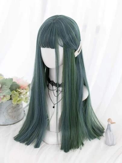 Full Bangs Long Hair, Hidden Hair Color, Green Wig, Anime Wigs, Dyed Hair Inspiration, Anime Hair, Hair Inspo Color, Cosplay Wig, Synthetic Wig