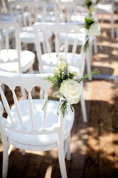 Wedding Readings, Ceremony Chairs, White Chairs, Wedding Chair Decorations, Aisle Flowers, Garden Weddings Ceremony, Wedding Aisle Decorations, Garden Wedding Decorations, Wedding Ceremony Flowers