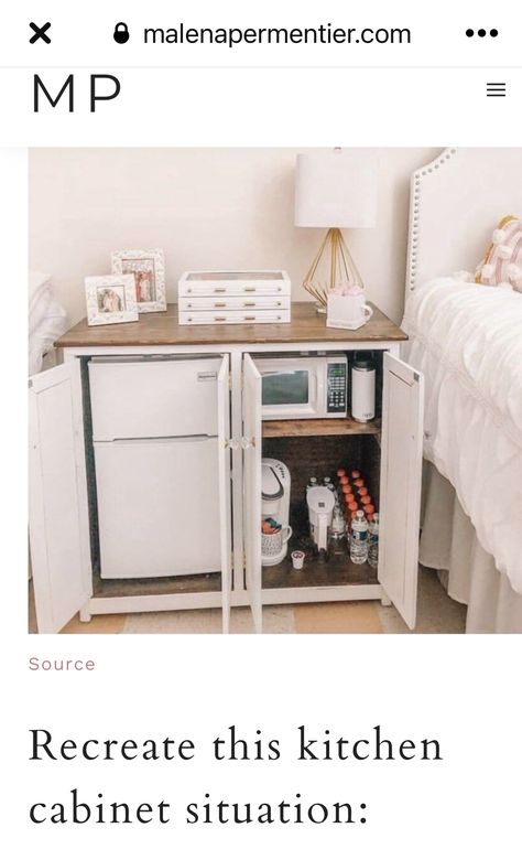 Bar Cart With Mini Fridge, Dorm Nightstand, Hidden Fridge, Dorm Fridge, Dorm Inspiration, Small Building, Desk Layout, Dorm Room Inspiration, Tall Table