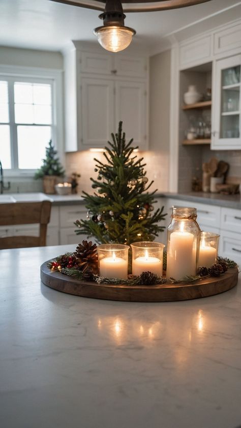 Transform your kitchen into a cozy Christmas wonderland with these simple and rustic Christmas kitchen decor ideas From cute DIY projects to easy cabinet decorations infuse gold red and white accents for a country-inspired holiday vibe Discover creative ideas for a warm and inviting kitchen space perfect for the festive season Home Bar Christmas Decor Ideas, Kitchen At Christmas, Winter Kitchen Aesthetic, Rustic Winter Decor Ideas For The Home After Christmas, January Kitchen Decor, Simple Christmas Home Decor, Simple Kitchen Christmas Decor, Warm And Cozy Christmas Decor, Christmas Decor Ideas For Kitchen Island