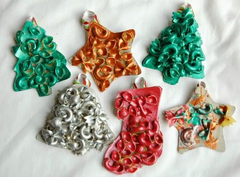 Dried Pasta Ornaments- EASY Christmas craft for kids Pasta Ornaments, Pasta Crafts, Tiny Bites, Dried Pasta, Fall Crafts For Toddlers, Easy Christmas Craft, Christmas Art For Kids, Pasta Art, December Crafts