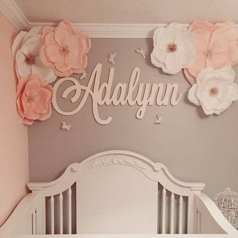 Paper Flower Nursery, Flower Nursery Decor, Wooden Nursery, Nursery Boho, Sign Letters, Rose Gold Paper, Girl Nursery Room, Flower Nursery, Beautiful Nursery