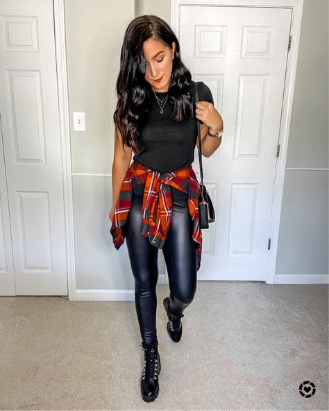 Flannel And Leather Leggings, Flannel With Leather Leggings, Tshirt And Leather Leggings Outfit, Plaid Shirt Leather Leggings, Leather Leggings With Flannel Shirt, Leather Leggings Flannel Outfit, Leather Leggings Tshirt Outfit, Faux Leather Leggings Concert, Red Plaid Shoes Outfit