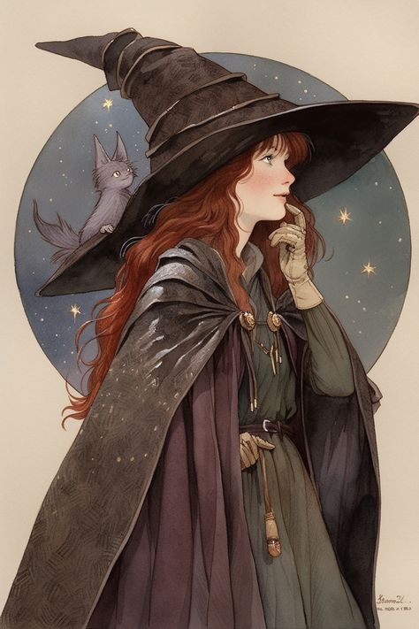 Witch Elements Illustration, Big Witch Hat Drawing, Witch Illustration Character Design, Fantasy Witch Art, Witch Character Art, Redhead Art, Magic Runes, Fairy Witch, Autumn Witch