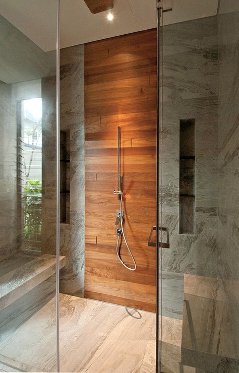 Wood panel - not sure about it in the shower but it is nicely designed and detailed. Wood Tile Shower, Marble Shower Tile, Wood Tile Bathroom, Mega Mansions, Bad Inspiration, Shower Niche, Wooden Bathroom, Wood Look Tile, Trendy Bathroom