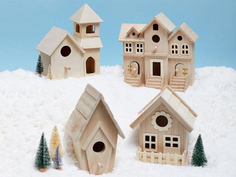 Create a holiday village! The editors at HGTV Magazine show you exactly how to create teeny-tiny bird house renos. Diy Christmas Village Houses, Gingerbread Diy Crafts, House Renos, Holiday Houses, Birdhouse Craft, Christmas Crafts Diy Projects, Gingerbread Diy, Wooden Bird Houses, Diy Christmas Village