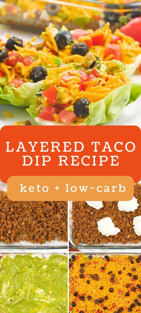 This beef layered taco dip is perfect to bring to your cinco de mayo party. It's easy to throw together and serve with lettuce wraps for the keto friendly or with regular tortilla chips for anyone not keto! Keto Taco Dip, Dip With Beef, Taco Dip With Meat, Taco Salad Dip, Layered Taco Salads, Keto Dips, Layered Taco, Salad Topping, Healthy Vibes