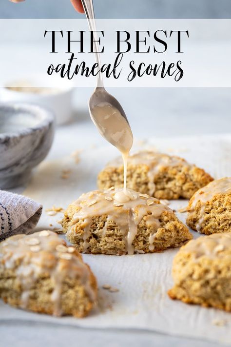 Packed with tender oats and drizzled in a sweet maple glaze, these scones are soft, flaky, and truly the best ever! Oatmeal Raisin Scones, Oatmeal Scones Healthy, Snickerdoodle Scones Recipe, Maple Oat Scones, Amaretto Scones, Oatmeal Scones Recipe, Maple Oatmeal Scones, Scones Recipe Healthy, Protein Scones