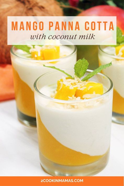 Whip up a light and refreshing dessert! This mango panna cotta recipe bursts with citrus flavors and is layered with vanilla coconut cream. This easy panna cotta recipe looks and tastes like an indulgent delicacy, but is surprisingly simple to make. The white coconut cream, lightly flavored with vanilla, perfectly accentuates the bright orange layer beneath. Panna cotta with mango will quickly become your go-to summer dessert. #mangopannacotta #mangopannacottarecipe #pannacottawithmango Coconut Panacota Recipe, Coconut Milk Panacotta Recipe, Mango Panacotta Recipe Easy, Mango Panacotta Recipe, Panacota Recipe, Mango Panacotta, Mango Panna Cotta Recipe, Easy Panna Cotta, Easy Panna Cotta Recipe