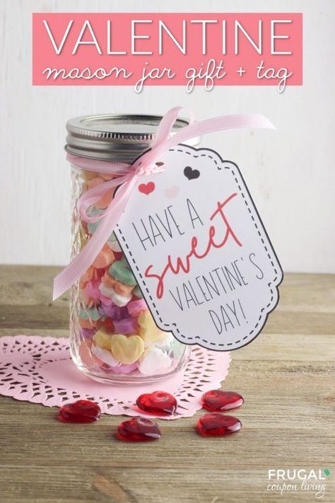 Create this DIY Mason Jar Gift for Teachers this Valentine's Day. Print this Valentine Gift Tag using a printer or Cricut Design Space. Create an adorable Teacher Gift Idea for Valentine's Day. More Teacher Valentine Printables and February Teacher Appreciation Ideas | Teacher Gift Guide #FrugalCouponLiving #ValentinesDay #TeacherAppreciation #printables #teachervalentines #Valentines #printablevalentines #gifttag #masonjar #masonjargifts#teachervalentineprintables #teacherappreciationprintables Jar Valentines Ideas, Valentines Ideas Diy, Free Printable Valentines Tags, Cricut Valentine Ideas, Valentine's Day Gifts For Boyfriend, Cricut Valentines Projects, Valentines Tags, Valentine Mason Jar, Valentines Home Decor