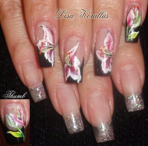 Acrylic nails by Lisa Korallus Stargazer Lilly, Lily Nails, Floral Nail Designs, Floral Nail, Stargazer Lily, Nail Pictures, Floral Nail Art, Birthday Nails, Hand Painted Flowers