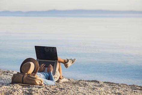 Young woman using laptop computer on a beach. Freelance work concept. Young woman using laptop computer on the sea. Freelance work concept. People using devices stock images Freelance Work, Blue Beach, Life Images, Pictures Of People, Branding Photoshoot, Free Pictures, Photography Business, Free Stock Photos, Business Women